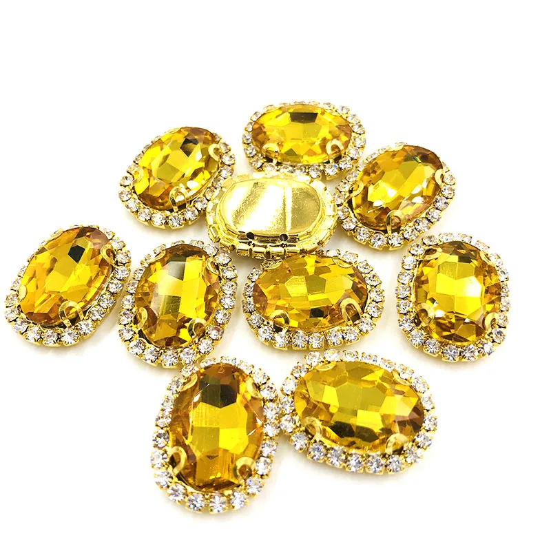 10pcs/pack Gold yellow oval shape sew on rhinestones 10X14mm/13X18mm/18X25mm Gold bottom crystal buckle DIY Jewelry Accessories