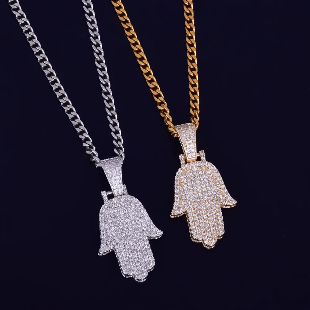 Hand Pendant Necklace Gold Color Cubic Zircon Men\'s Hip Hop Jewelry