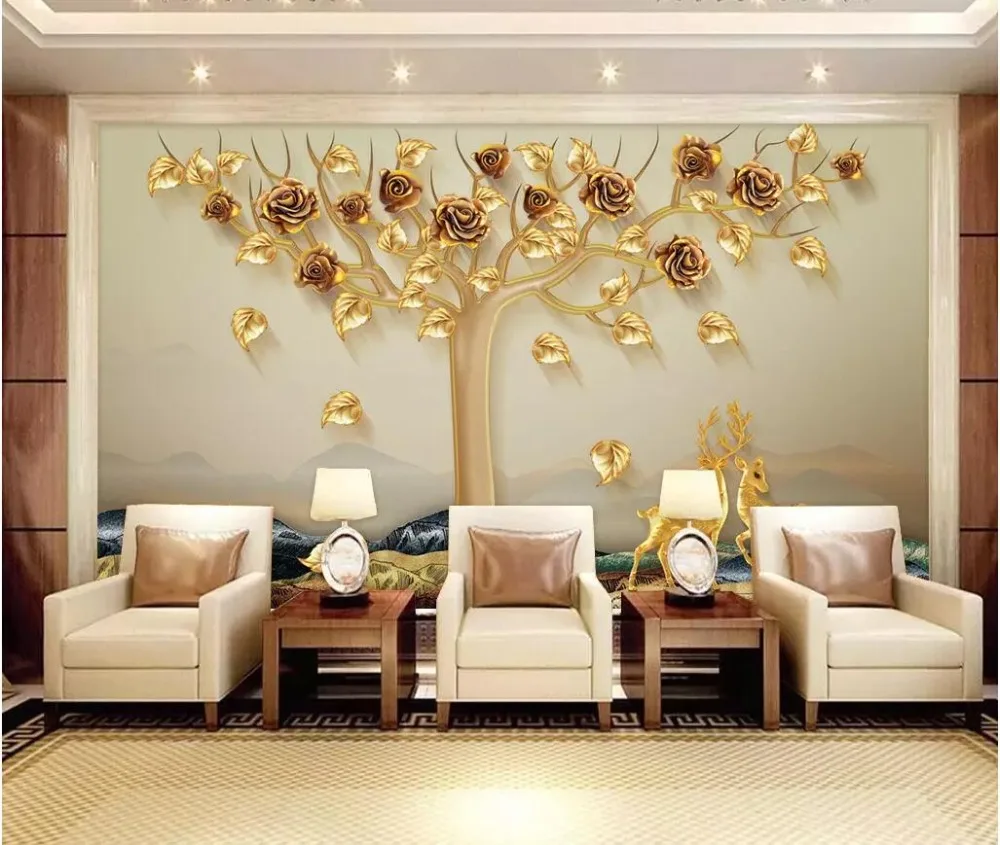 

wellyu обои Custom wallpaper papel de parede 3D Embossed Elk Fortune Tree Golden Rose New Chinese Background Wall papel tapiz