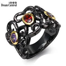 DreamCarnival 1989 Hollow Wedding Band Ring for Women Purple Fuchsia CZ Engagement Gift for Love Black Gold Color Anillos SR2293