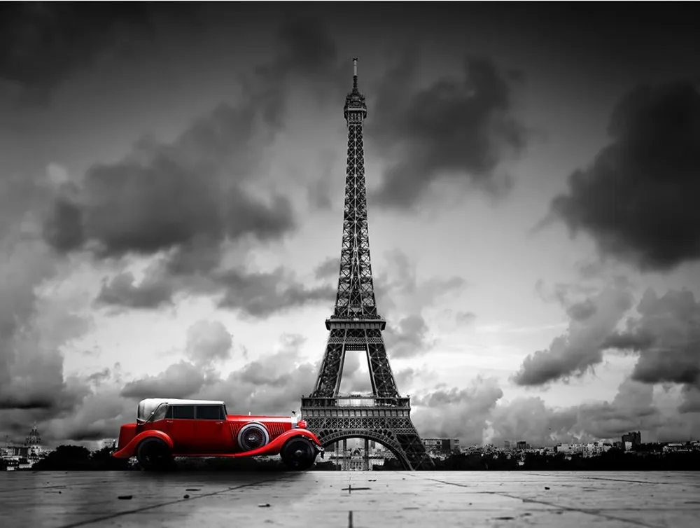 Home Decoration custom photo murals Paris Eiffel Tower in black and white color car europe wallpaper