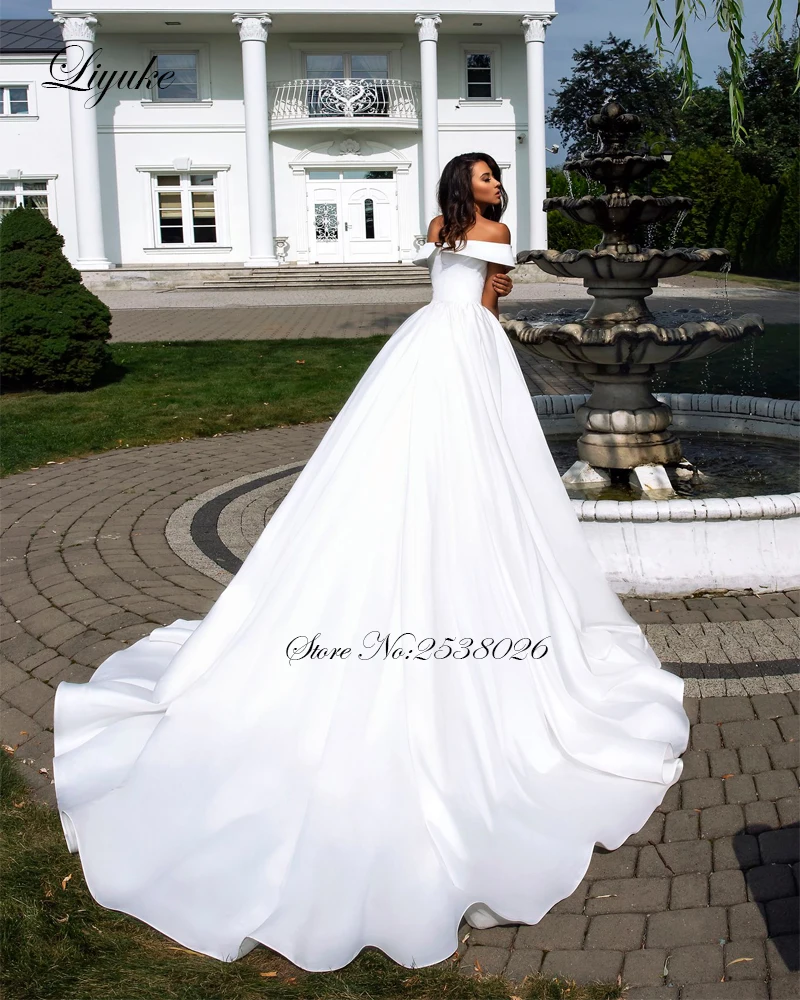 Liyuke Pure White Elegant  Satin A-Line Wedding Dress With Folden V-Neckline Off The Shoulder Wedding Gown