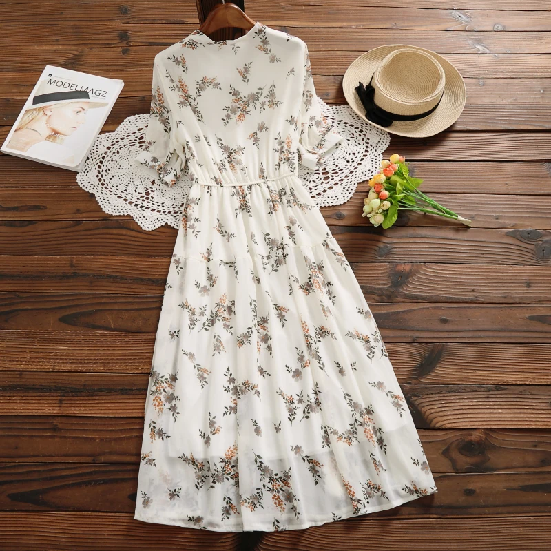 Summer fashion short sleeve dress women floral print chiffon dress