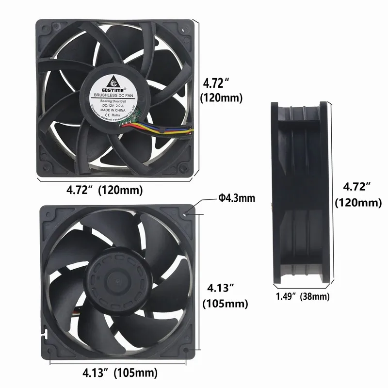 5 Pieces Gdstime 12 Volts Dual Ball 4Pin Connector 4-Wire FG PWM PC Cooling Fan 120mm x 38mm DC 12V Big Airflow Cooler 12038B 2A