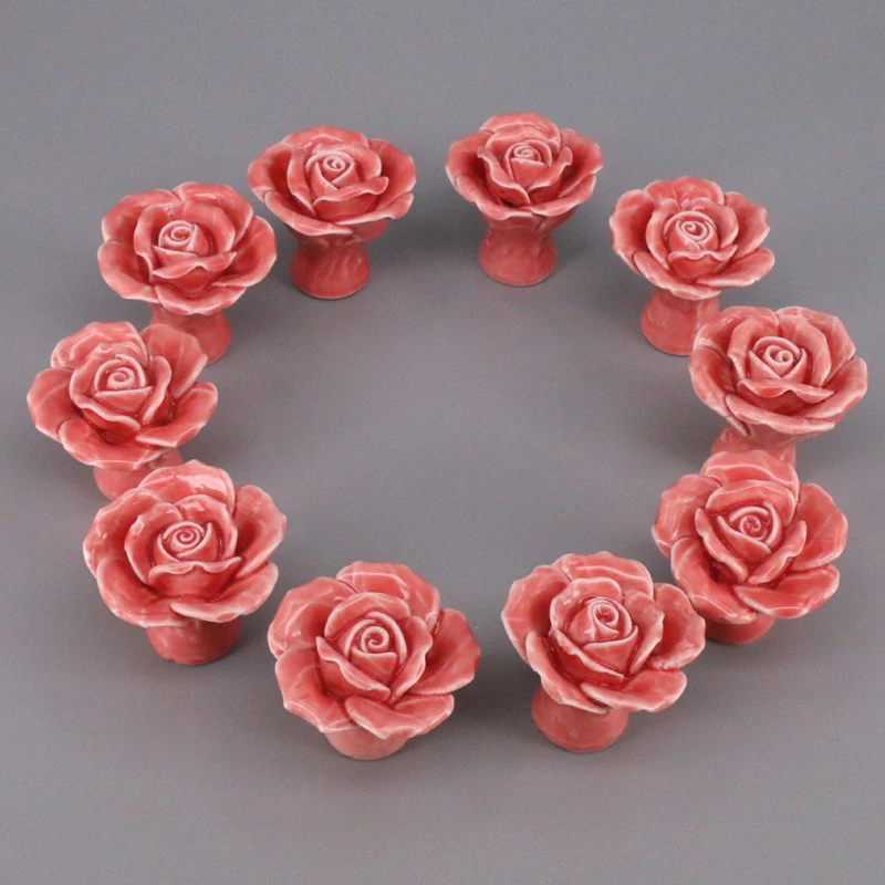 

10PCS Pink Rose Flower Pull Handles, Cupboard Cabinet Drawer Door porcelain Ceramic Knobs for Fashion Home decor DIY