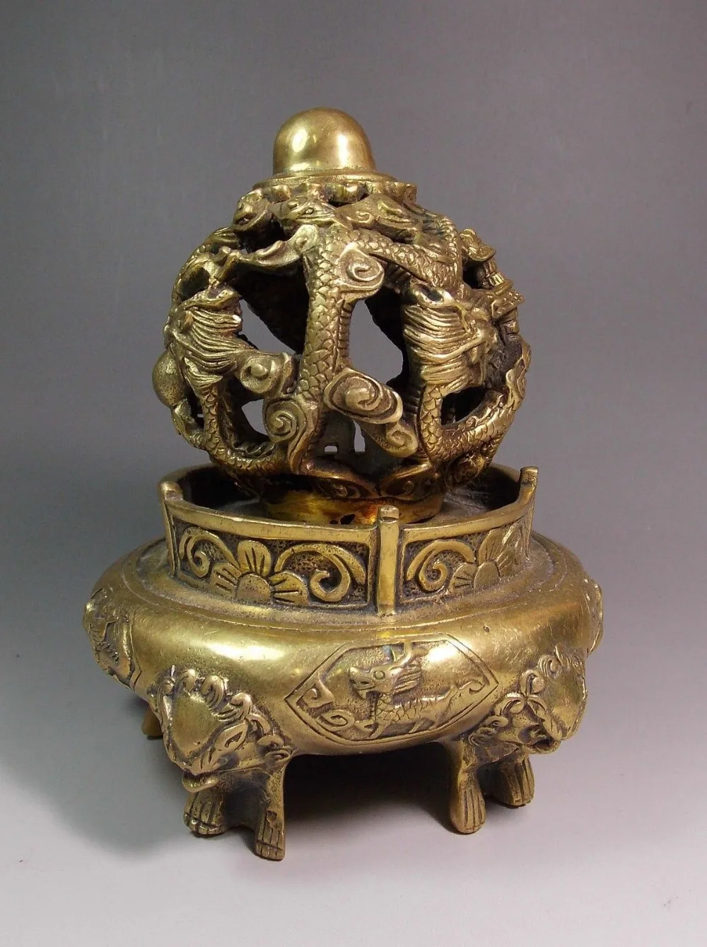 Elaborate China Brass three foot incense burner dragon Censer