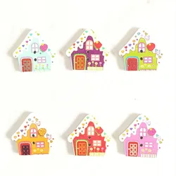 50PCs Colorful Cartoon Small house Cute Wood Sewing Button 2 Holes For Sewing ,DIY,Decorate  7NK216