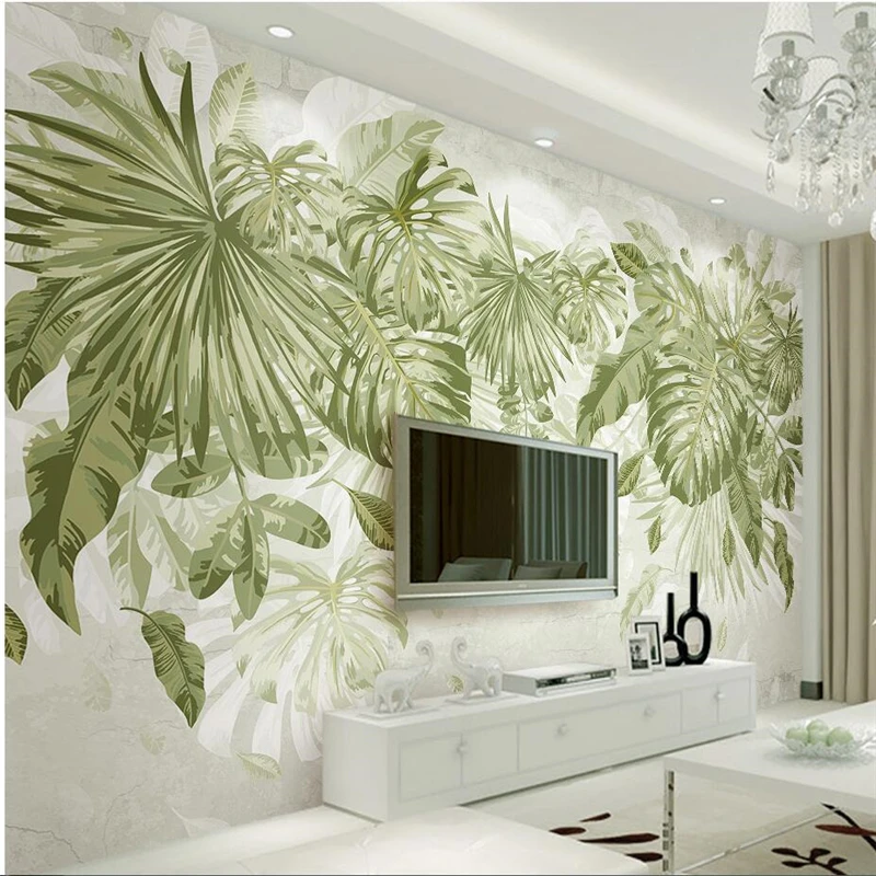 

beibehang Custom wallpaper 3d photo mural hand-painted plants jungle wind watercolor fresh green leaves TV background wall paper