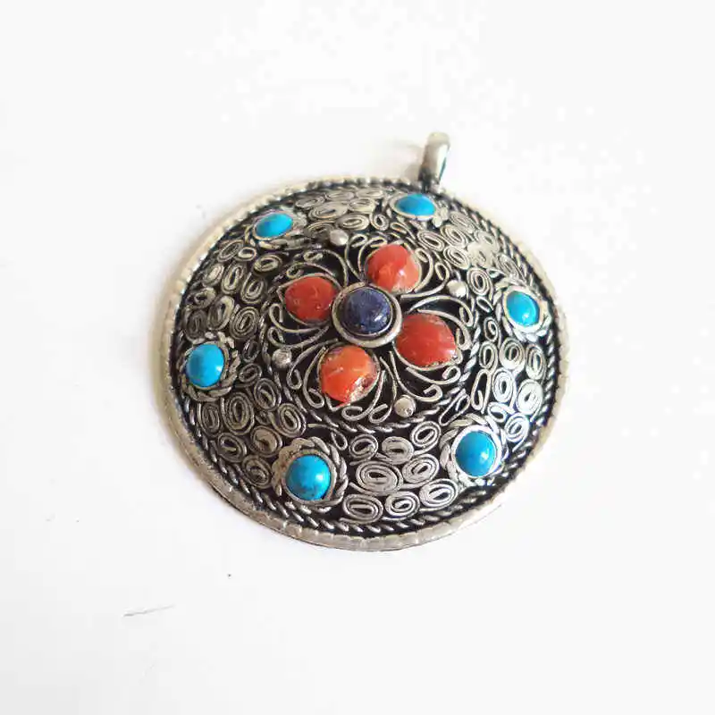 Nepal Vintage Pendants Metal Copper Inlay Colorful Beads Round Flower Pendants TBP081