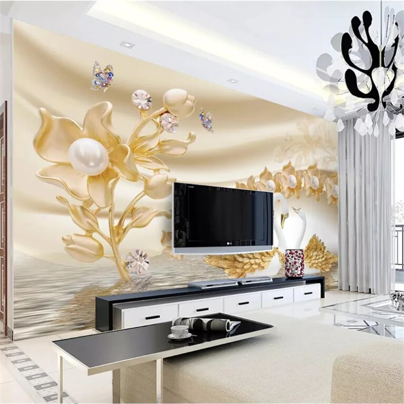 

wellyu Custom wallpaper papel de parede 3d Luxury golden flowers swan jewelry TV background wall photo wallpaper tapety