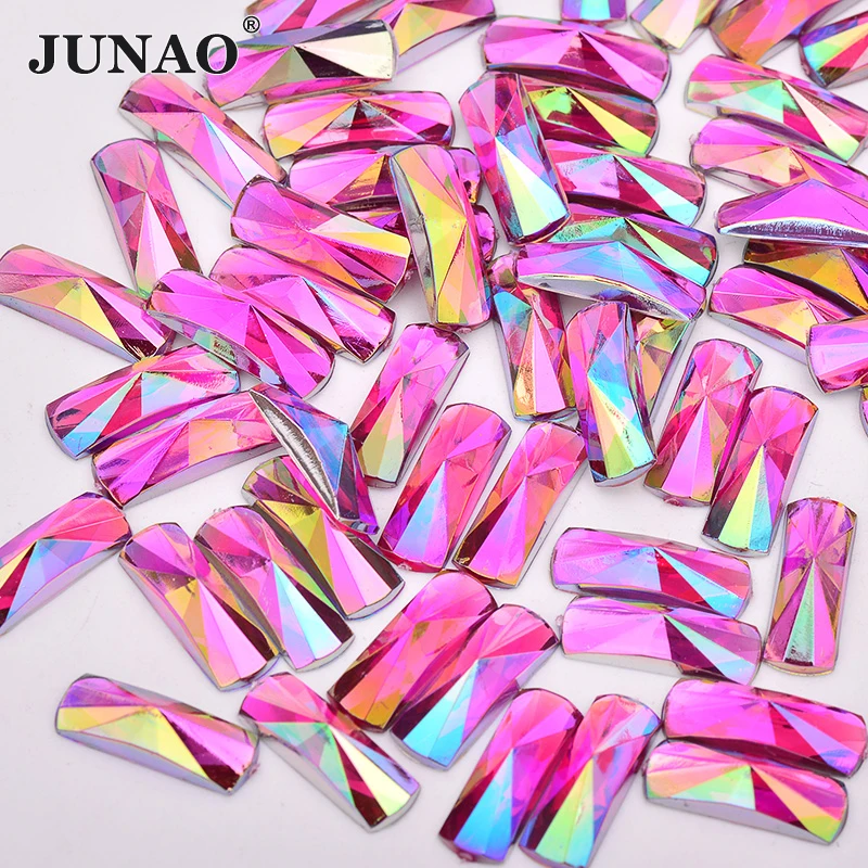 JUNAO 6x16mm Aqua Blue AB Crystal Flat Back Rhinestones Applique Acrylic Gems Glue On Rectangle Stones Scrapbook Strass for DIY