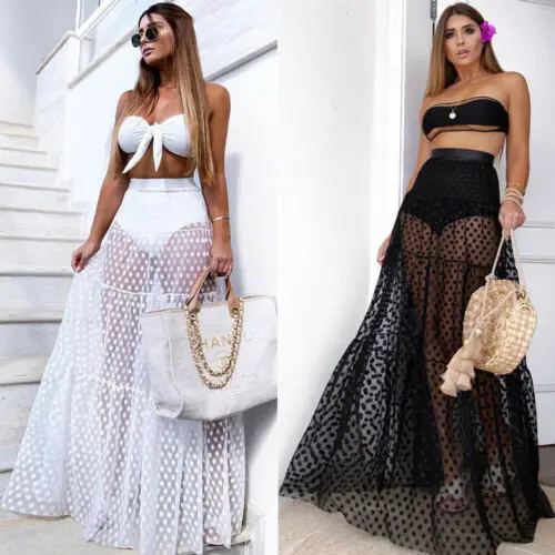 Women Sexy Long Skirt High Waist Dot Skirt Summer Transparent Long Skirt New Style Ladies Skirt