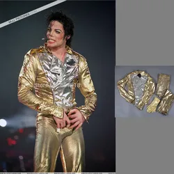 MJ  Michael Jackson History BAD Golden Spandex Double Breasted Woven Jacket Pants Gloves Full Set Performance Gift