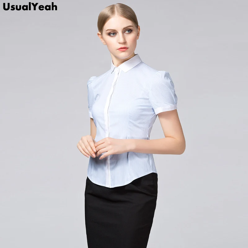 UsualYeah New Fashion Women Work Shirts Elegant Blouse Short Sleeve OL Cotton Shirt Casual Summer Vintage Top Light blue S - XXL