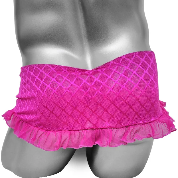 Sissy-bragas tipo Tanga con falda, lencería Sexy Gay, ropa interior a cuadros con lazo, faldas con volantes, bolsa para pene, ropa interior transparente