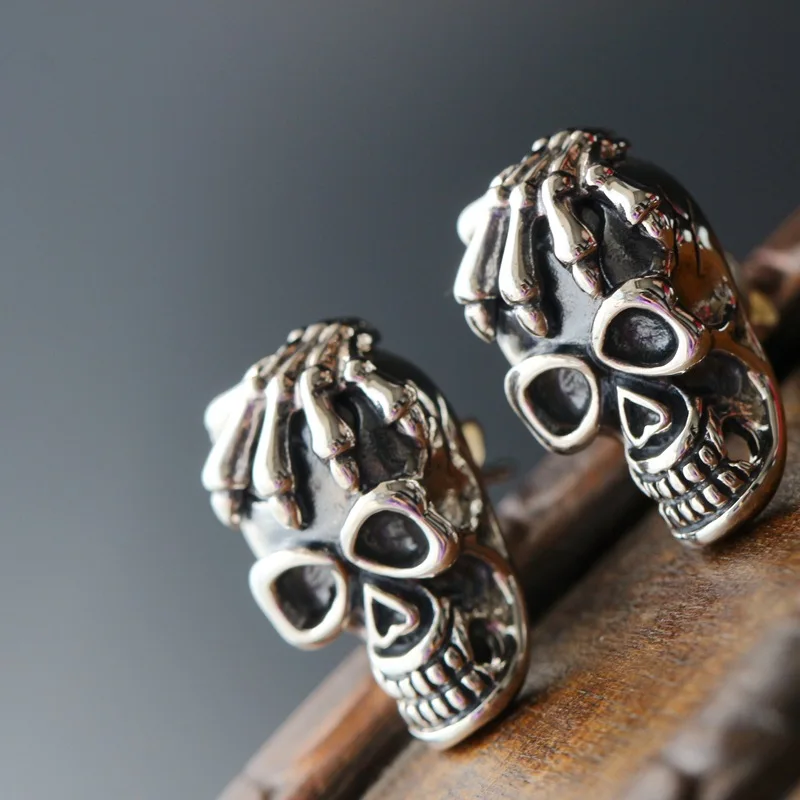 925silver wholesale Vintage silver skull earrings Hip-hop non-mainstream male money 925 sterling silver earrings