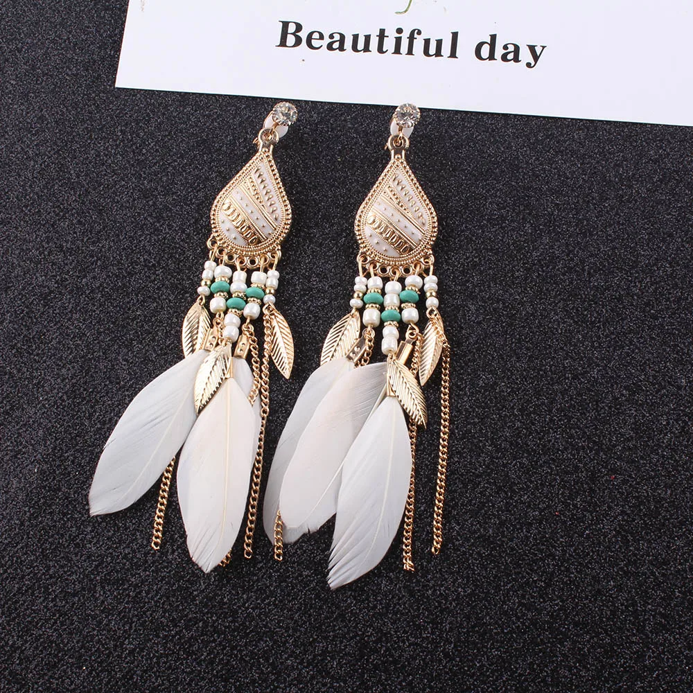 Summer Fashion Jewelry Bohemia Ethnic Vintage Long Feather Clip on Earrings 4 colors Charm Earrings BOHO Beach Holiday Style