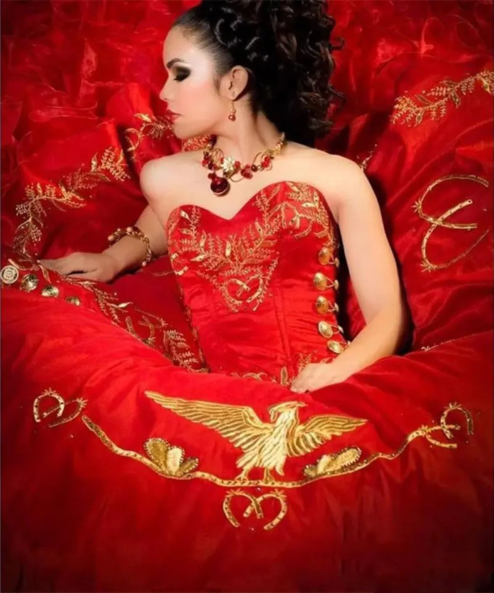 Sweetheart Gold Embroidery Red Ball Gown Quinceanera Dresses 2021 Satin Floor Length Vestido De Festa Sweet 16 Dress