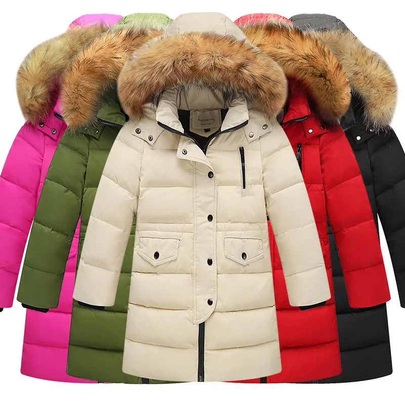 

New Children Winter Duck Down Girls Thickening Warm Down Jackets Boys Long Big Fur Hooded Outerwear Coats Kids Down Jacket