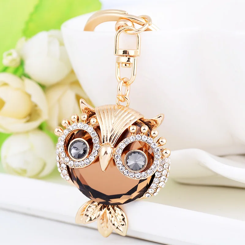 EASYA Crystal Owl Keychain Champagne Rhinestone Car Keyring Women\'s Fashion Bag Accessory Metal Owl Key Chain