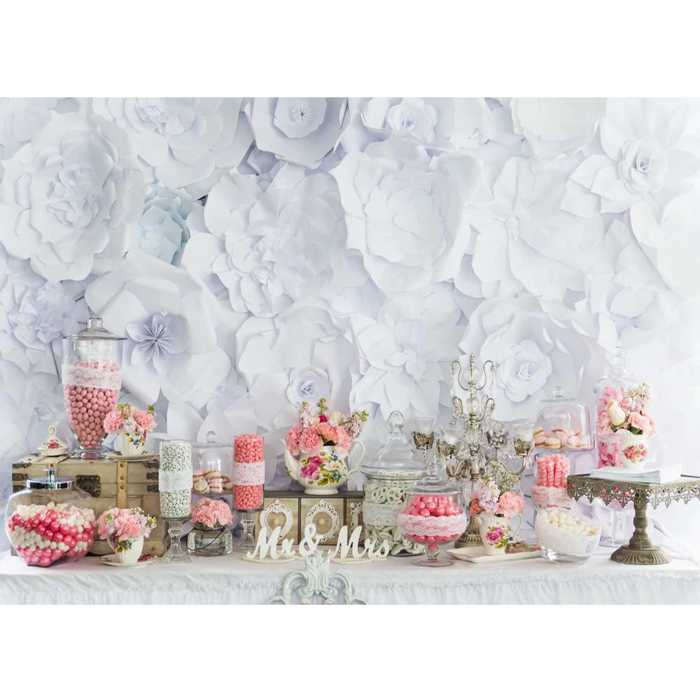 

Digital Printed 3D Paper Flowers Wall Back Drop for Wedding Photography Pink Roses Dessert Table Party Photo Booth Background