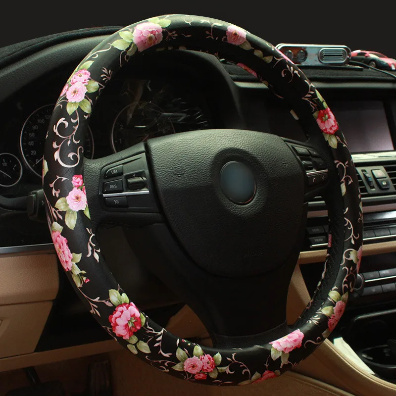 Universal Leather Auto Car Steering Wheel Cover Anti Slip Flower car Styling Steering-wheel covers for Women Girls Ladies