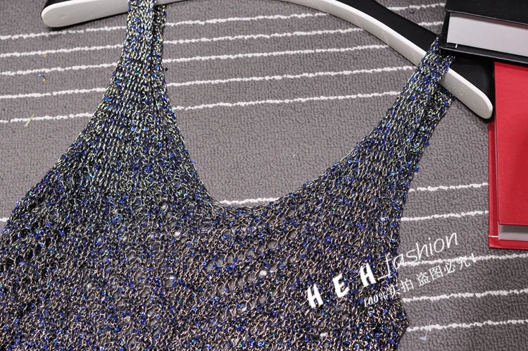 Cakucool Hollow Out Knit Tanks Summer Women Tops Beading Shiny Deep V-neck Holes Camis Bohemian Slit Blue Gold Camisole Female