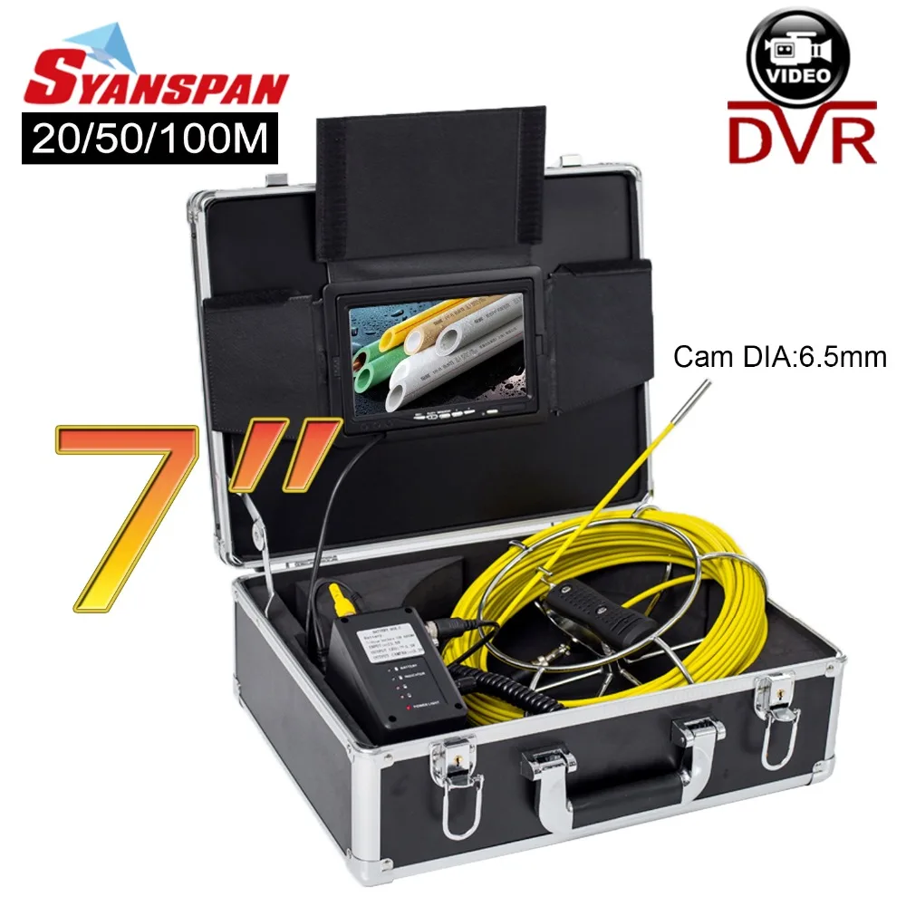 SYANSPAN 20/50/100M Pipe Inspection Video Camera,6.5mm 8GB SD Card DVR IP68 Drain Sewer Pipeline Industrial Endoscope 7