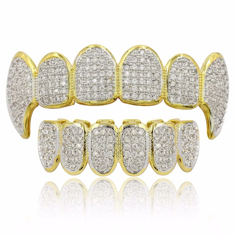 Men's Hip Hop Fang Top Bottom Vampire teeth Grillzs Set Gold Silver Color Micro Pave CZ Rhinestone Bling Iced Out Rapper Jewelry