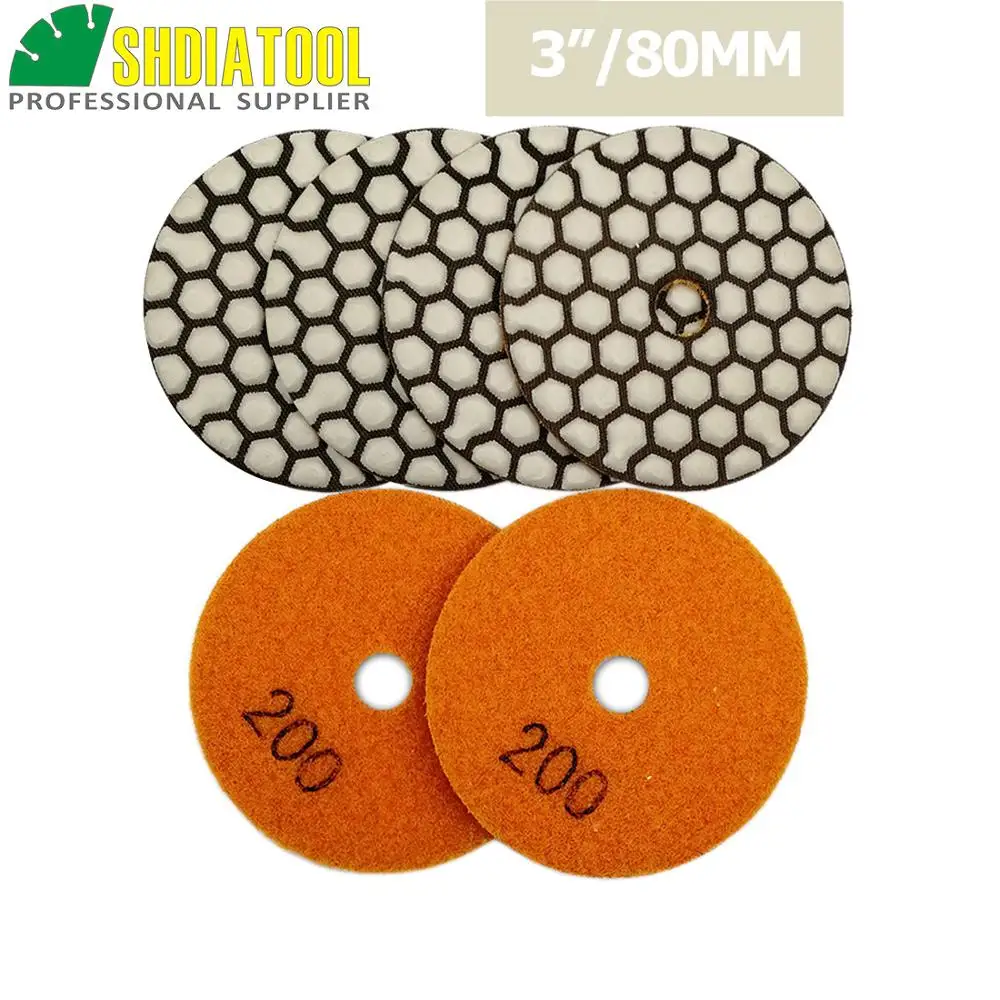 SHDIATOOL 6pcs 80mm G#200 Resin Bond Flexible Diamond Dry Polishing Pads Diameter 3inch Sanding Disks For Granite Marble Ceramic