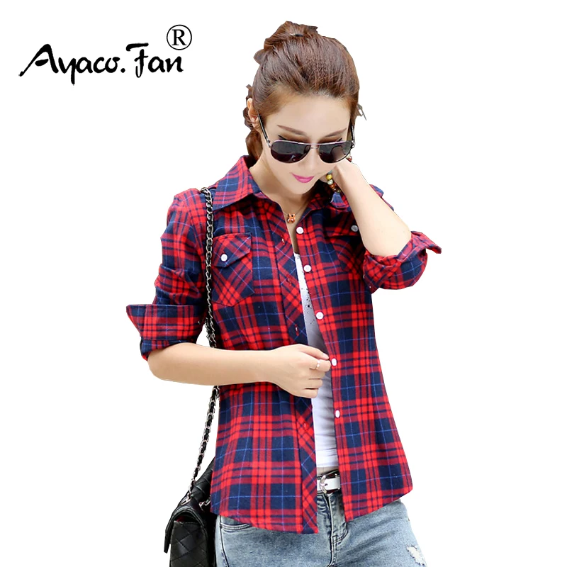 2021 Spring Summer Women Shirt Long Sleeve Cotton Red Classic Plaid Blouse Women\'s Slim Body OL Office Blouse Ladies Plaid Shirt