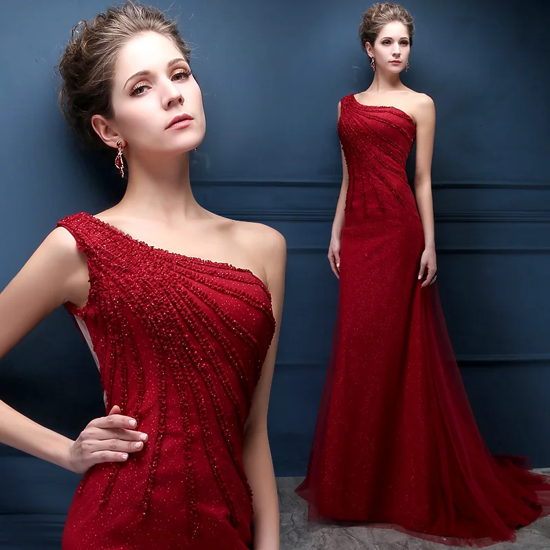 2015 winter new fashion shoulder bridal  dress toast clothing long section of red wine party dress