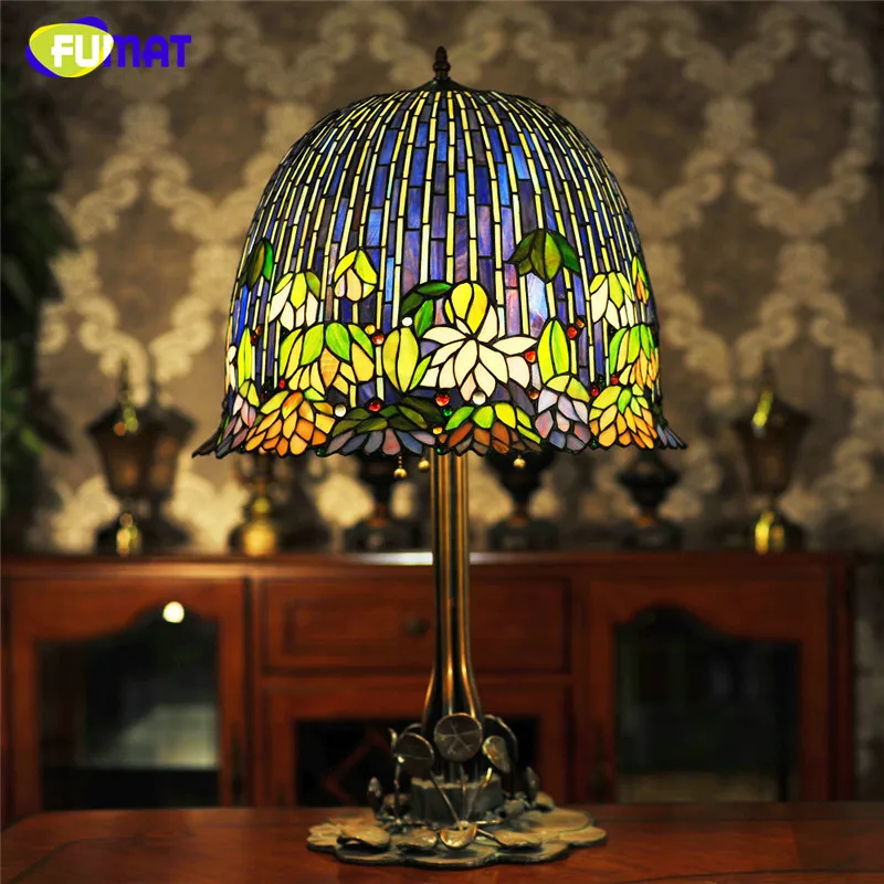 

FUMAT Glass Art Table Lamp Quality European Style Water Lily Bedside Lamp Stained Glass Shade Hotel Bar Living Room Stand Lamps