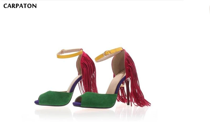 

Carpaton 2019 Most Special Mixed Color stitching Flock Leather Fringe Element Open Toe Ankle Buckle Women High heels Sandals