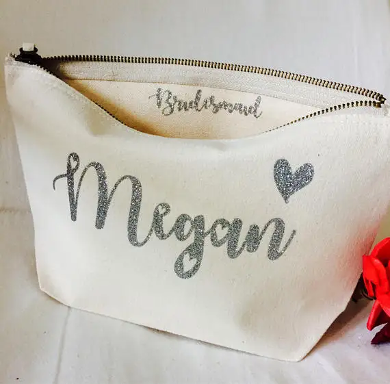 personalized text glitter wedding bridesmaid bride Make Up makeup comestic vanity Bags birthday toiletry pouches Party favors