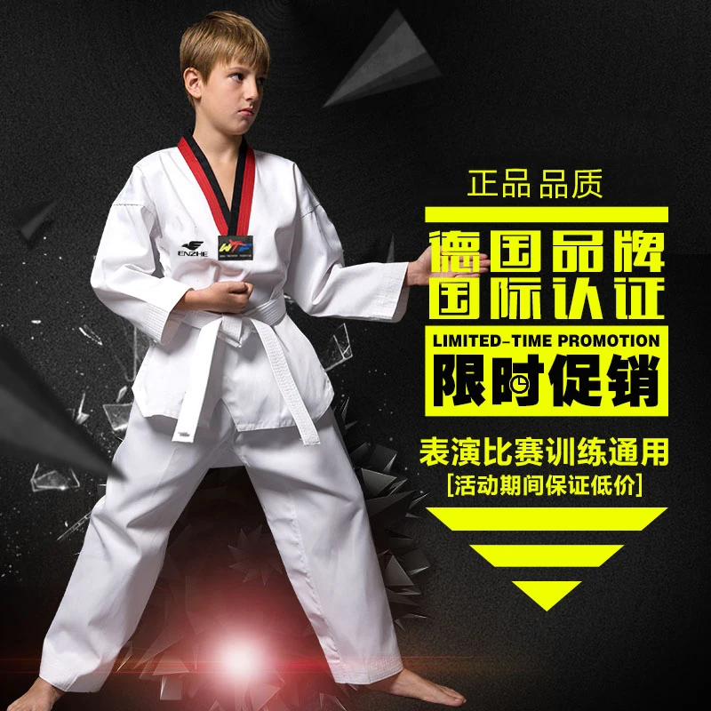 Hot sale Taekwondo Uniform Traditional white suite for kids adult student Tae kwon do dobok WTF approve Black V-Neck Uniforms