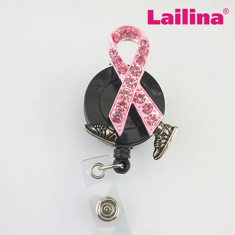 Newest Custom Bling Rhinestone Pink Ribbon shoe Badge Reel Retractable, nurse gift ID Badge Holder