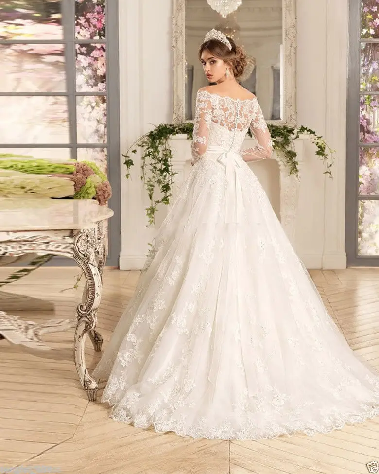 Wedding Dress White Ivory Long-sleeved Lace Bride Dress Strapless Lace Wedding Dress Stock: 6-8-10-12-14-16-18 +