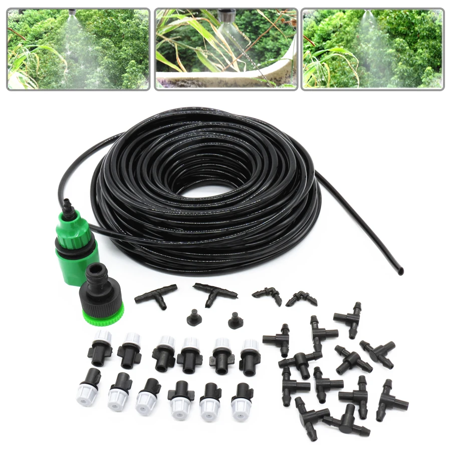 

1 Kit Fog Watering Irrigation System Portable Misting Cooling Automatic Water Nozzle 10M PVC Hose Spray Head 4/7mm Tee Connecter