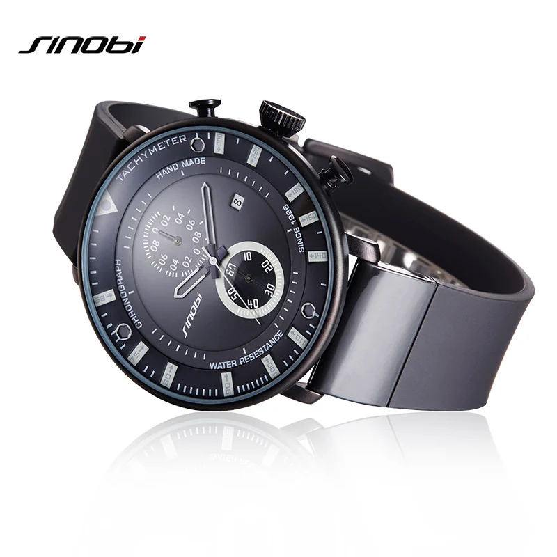 SINOBI Men Watches Chronograph Top Brand Luxury Ultra Thin Black Clock Waterproof Rubber Sports Quartz Wristwatch multifuction