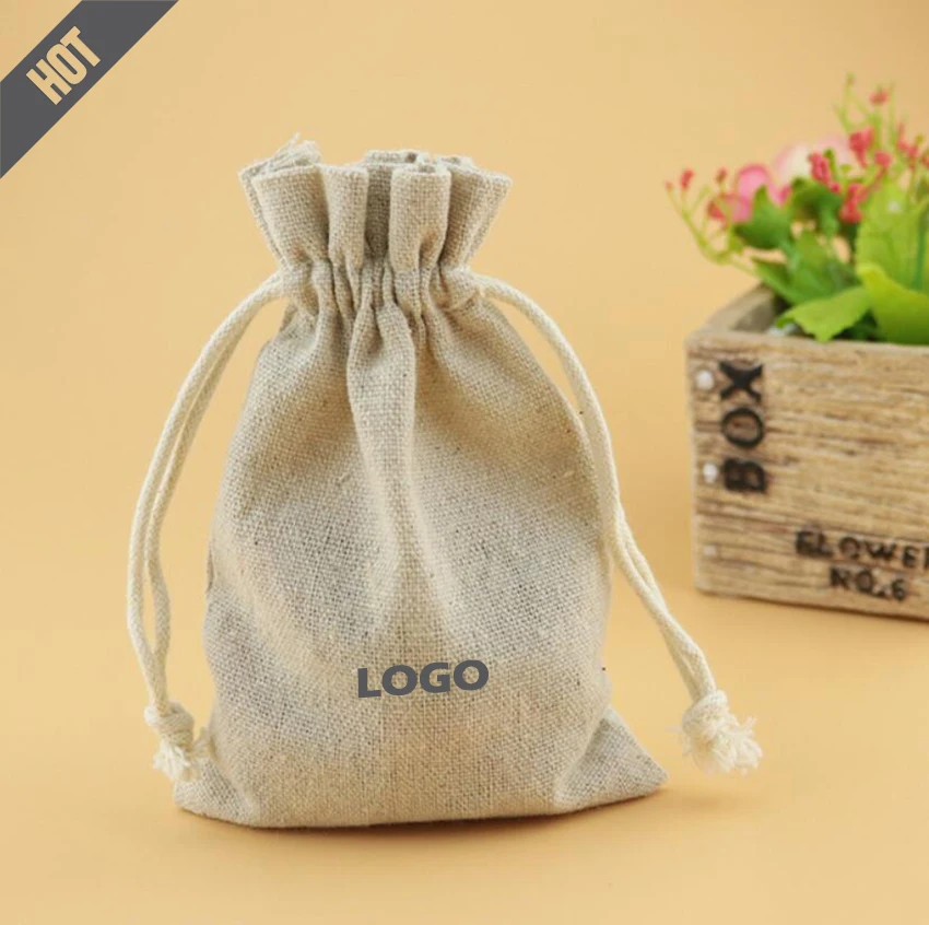 50 Stück Leinenbeutel mit Kordelzug, Schmuckbeutel, Kosmetik/Aufbewahrung/Hochzeit/Verpackung/Geschenk/Ohrringe/Perlensack, natürliches Farbdruck-Logo – Detail 1