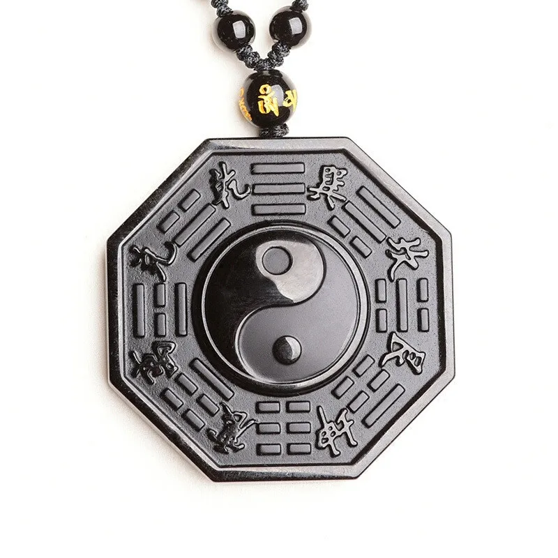 Natural Black Obsidian Necklace Pendant Lucky Amulet Chinese BAGUA Men Women Jewelry Fengshui Energy Stone Healing Reiki Gift