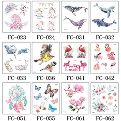 Rocooart Colorful Whales Fake Tattoo Body Art Flash Taty Flower Bird Temporary Tattoo Sticker For Women Tatouage Red Crane Tatoo