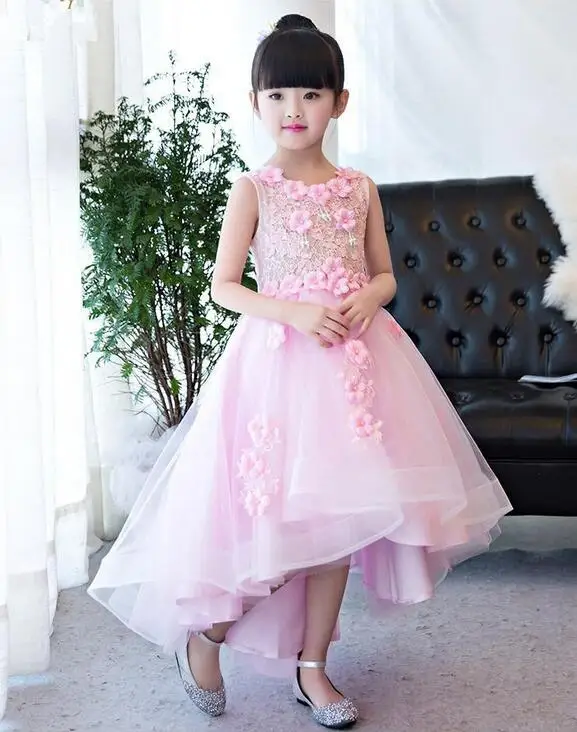 

1-12T Pink Lace Long Trailing wedding Dress Flower Girl Dresses Appliques First Communion Dresses For Girls pageant dresses