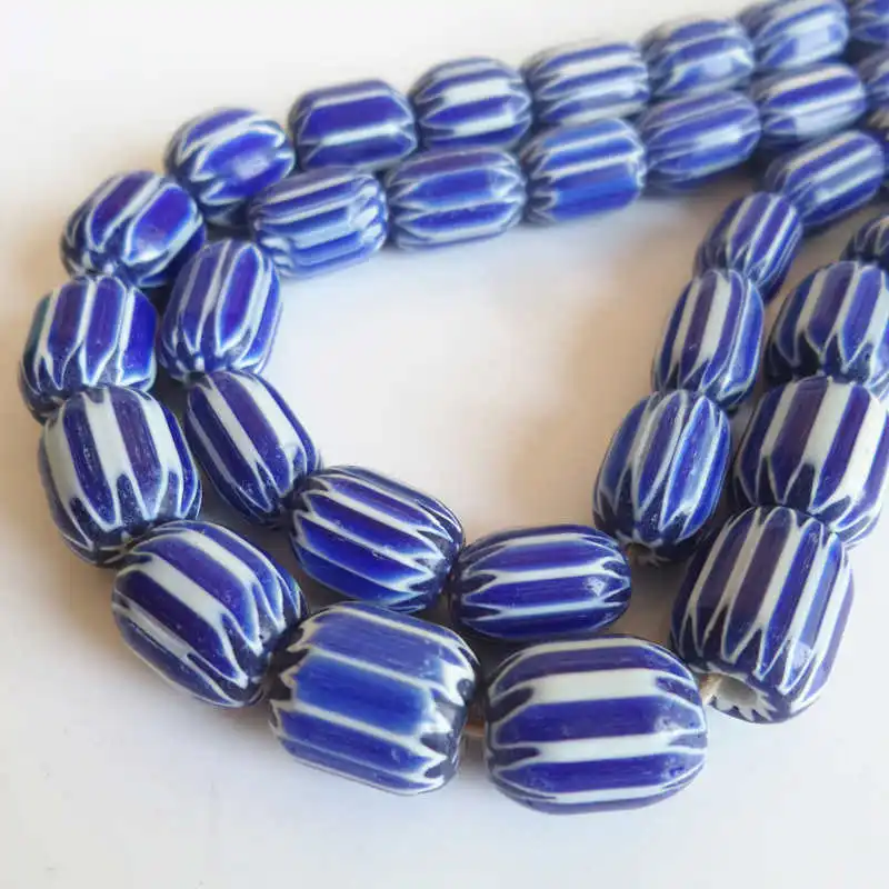 Nepal Hand Antiqued Lampwork Beaded Barrel Strand Necklace Blue and White China TNL222