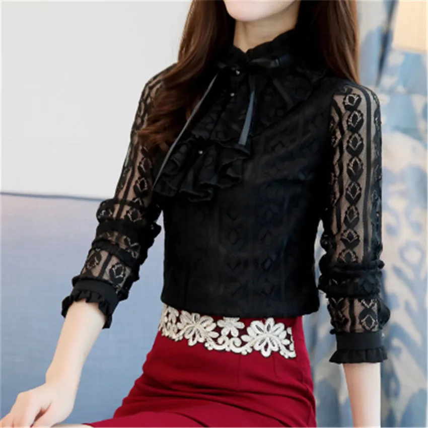 2019 Autumn Winter Slim Women Lace Blouses Female Plus Size Thick Velvet Bow Tie Shirts All-match Lady Tops Pullovers Brief W650
