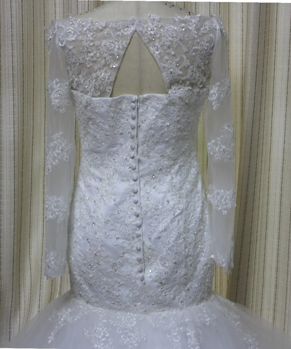 2019 Hình Thật 100% Nàng Tiên Cá Phối Ren Tay Dài Váy Áo Tull Appliques Áo Dài Cô Dâu Đầm Vestido De Noiva Áo Dây De Mariage