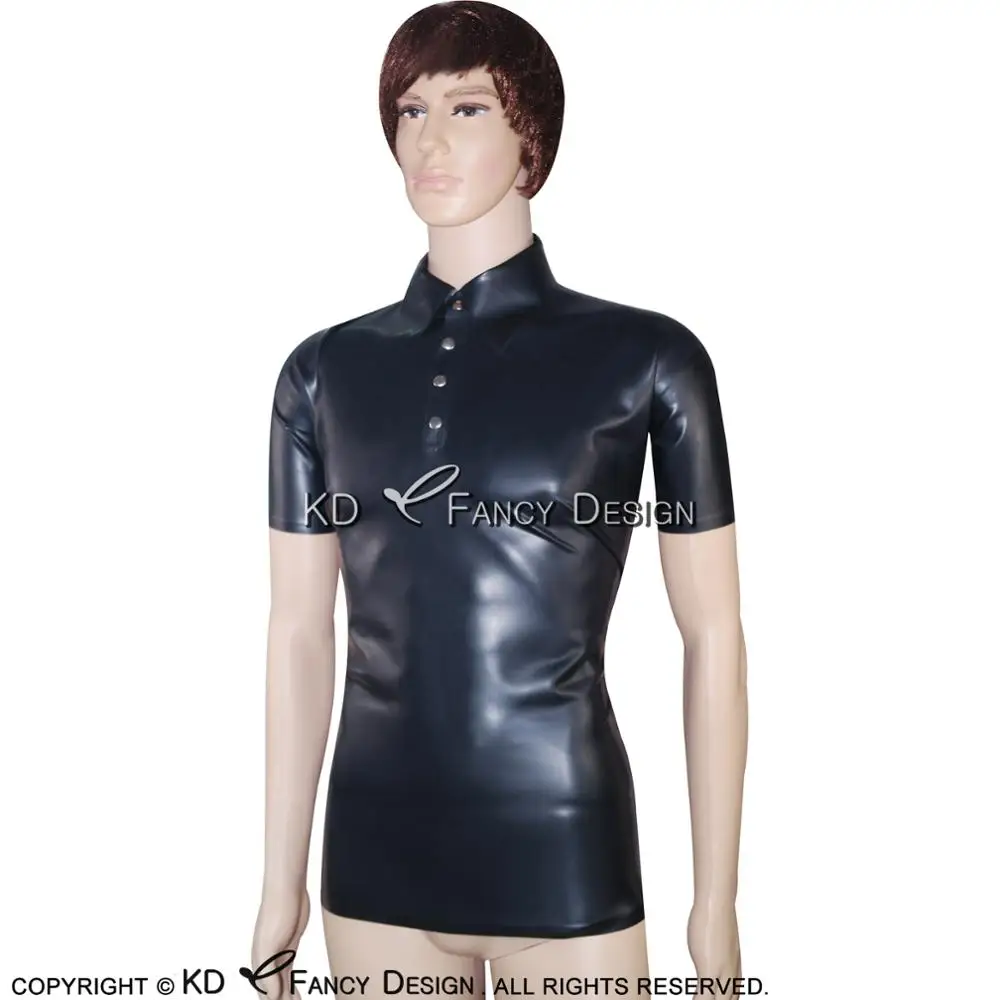 Black Sexy Latex Shirts Short Sleeves Rubber Clothing Tee Top Uniform YF-0029