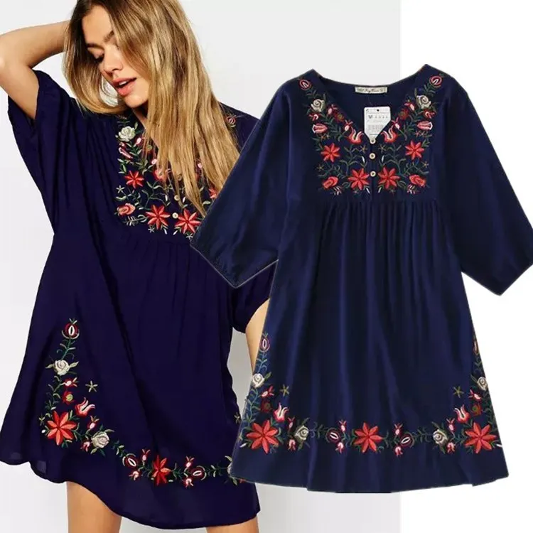 

2021 New Arrivals Ethnic Flowers Embroidery Mini One-piece Dress For Women Girls Vintage Boho Vestido