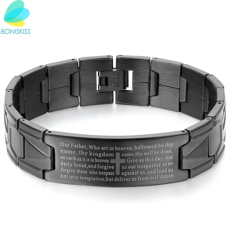 Boniskiss Black Stainless Steel Jesus Cross Bracelet Men Jewelry English Lord\'s Prayer Bracelets & Bangles 2020 Christmas Gift